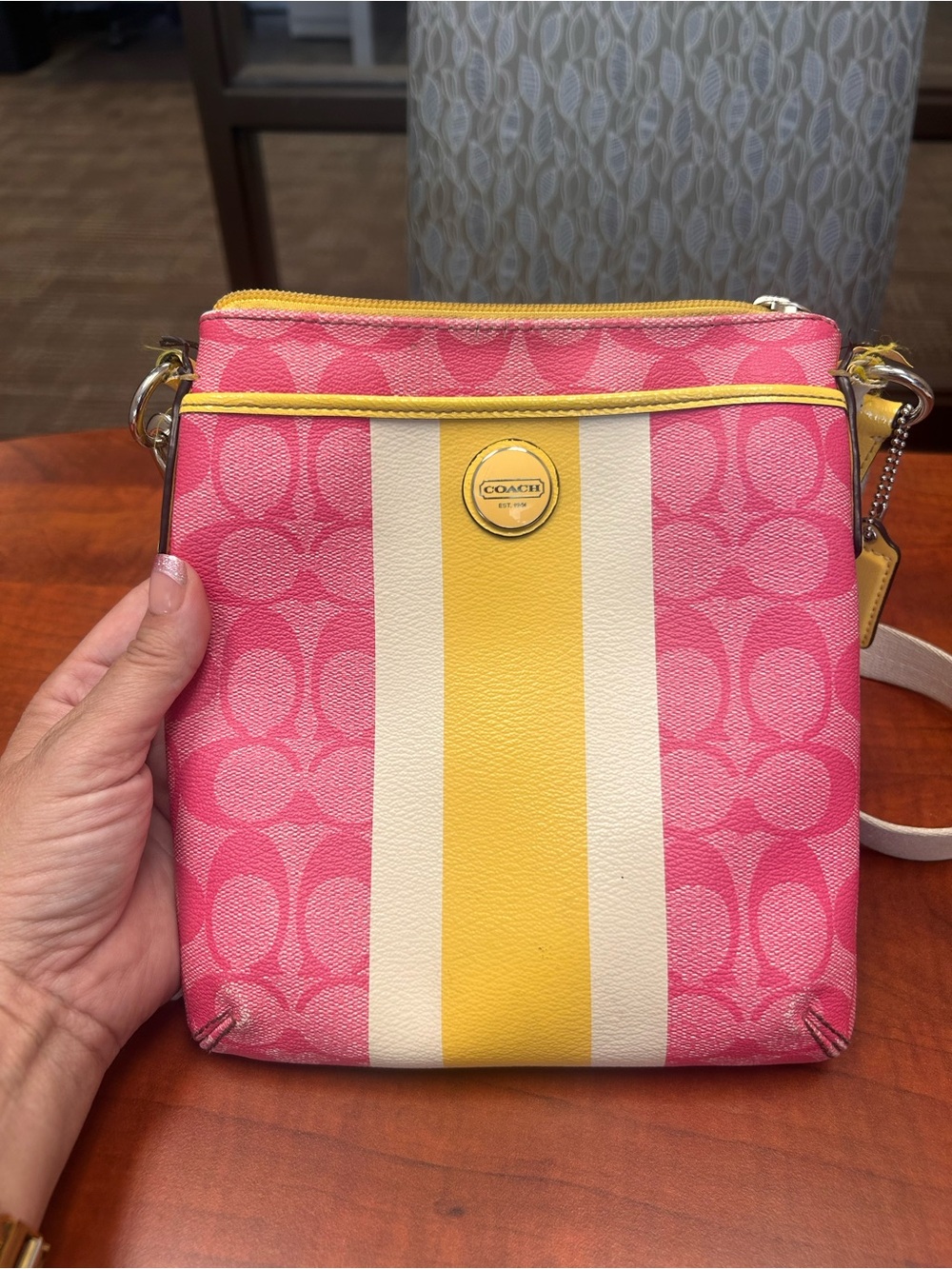 COACH Pink and Yellow Signature Stripe Crossbody
